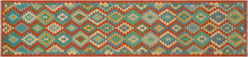 Flat Weave Kilim, Antique, Navaho, Vintage, Handmade, Geometric Kilim Rust Blue Hand-Woven Runner 100% Wool Area Rug 3 x 13